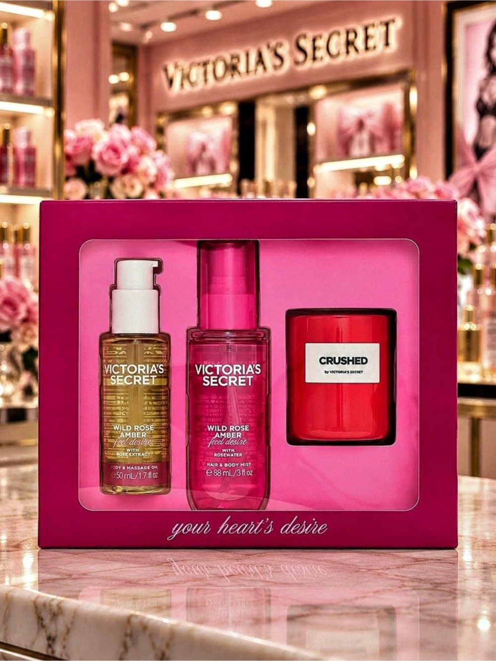 Victoria’s Secret Wild Rose Amber 3-Pc Gift Set + Crushed Candle NIB